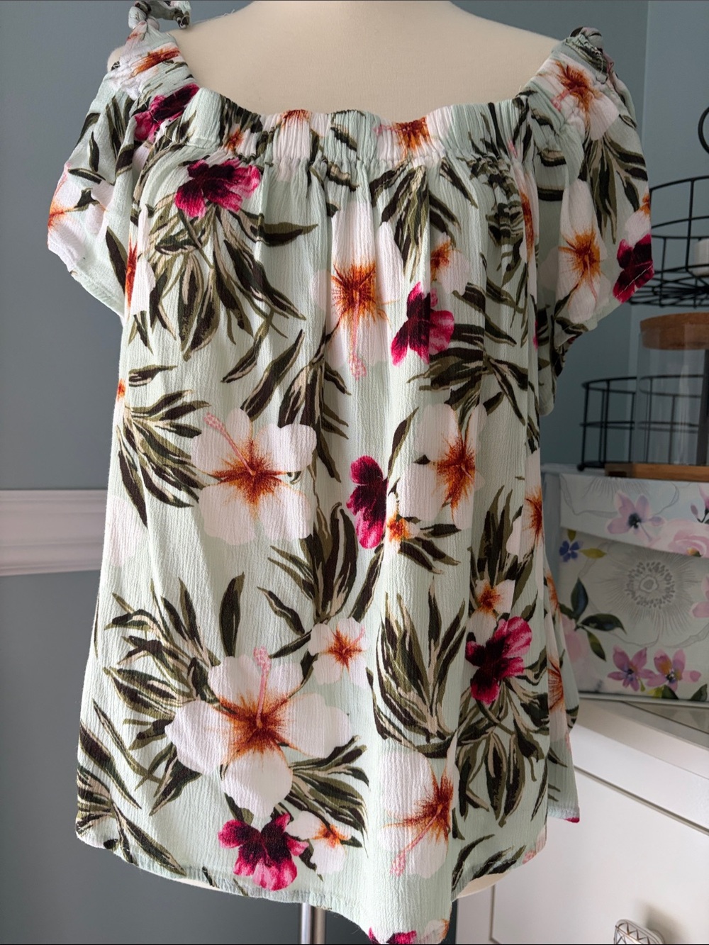 one clothing Mint Green Floral Off-Shoulder Blouse with Pink Accents